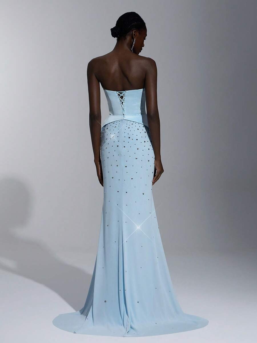 SHEIN Elitara فستان ساتان ناعم ومزين بحبيبات الراين أزرق فاتح