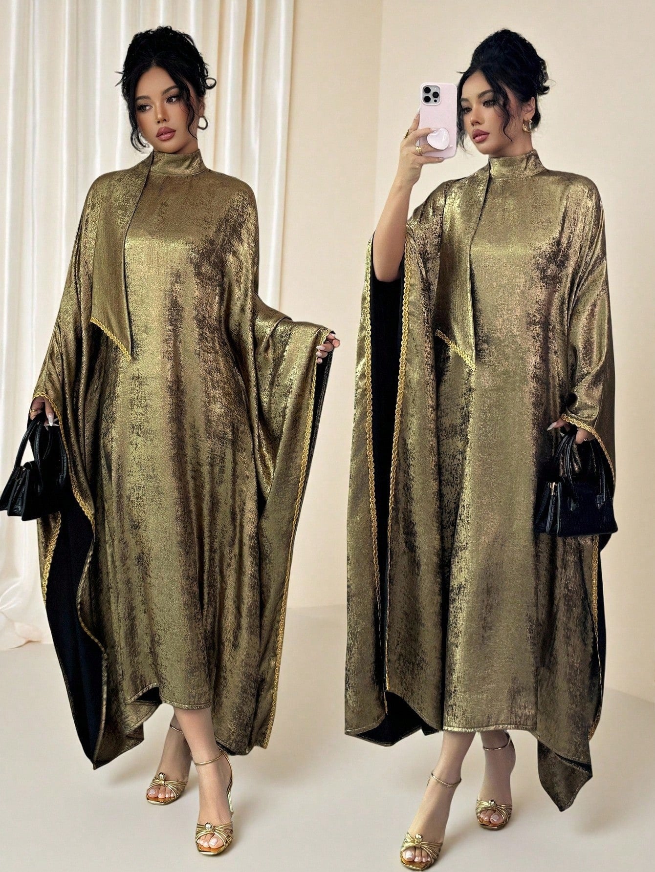SHEIN Raffinéa فستان نسائي أنيق بياقة عالية وشريط ذهبي