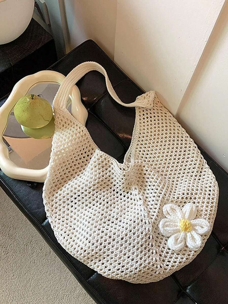 SHEIN حقيبة شاطئ كروشيه كبيرة بطابع بوهيمي لون بيج