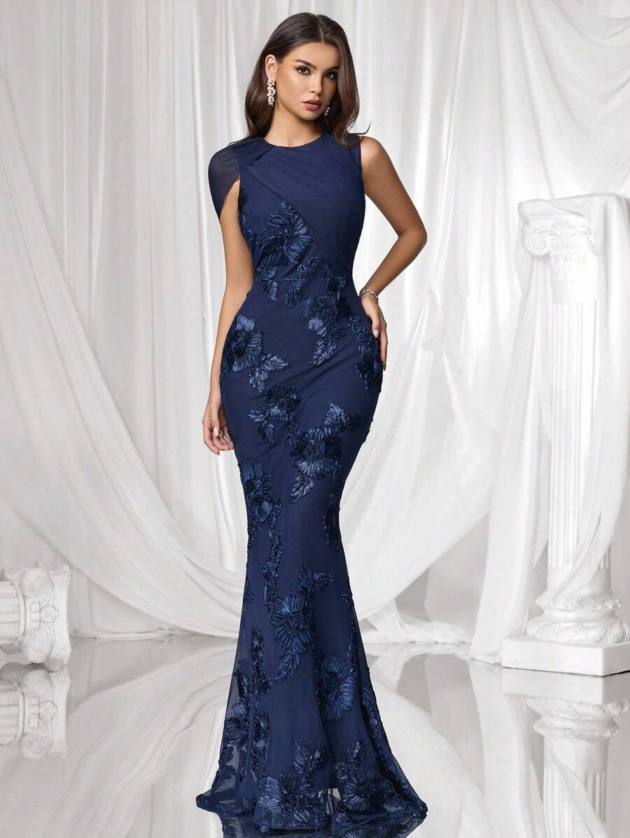 SHEIN Coutiva فستان سهرة أزرق بتطريز ثلاثي الأبعاد