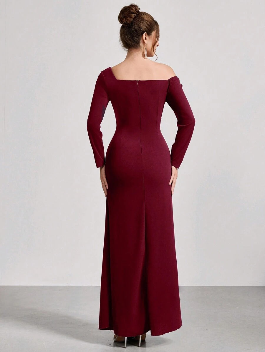 SHEIN Coutiva فستان سهرة عنابي طويل