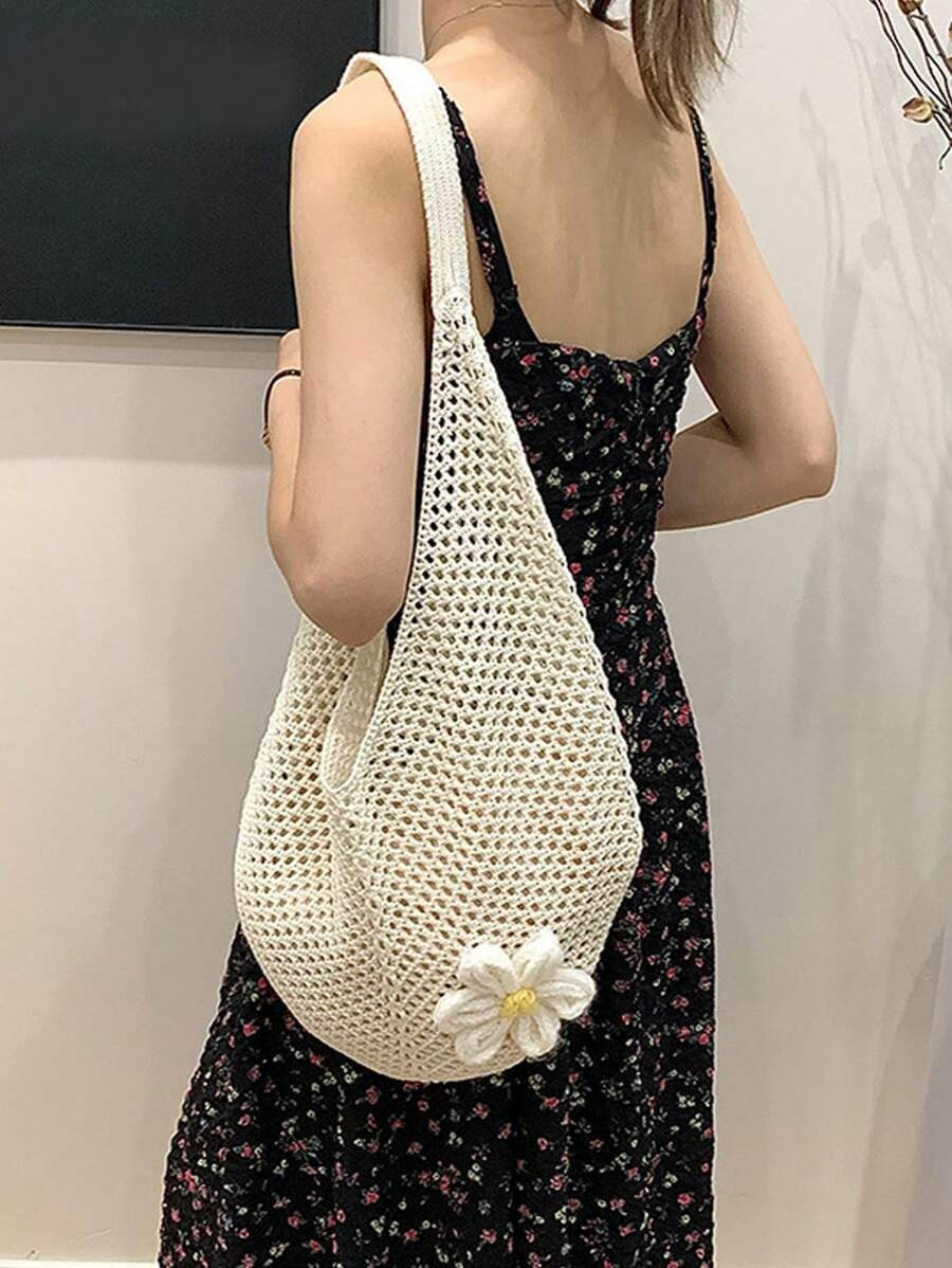 SHEIN حقيبة شاطئ كروشيه كبيرة بطابع بوهيمي لون بيج