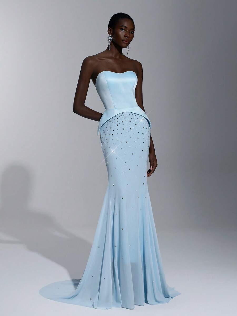 SHEIN Elitara فستان ساتان ناعم ومزين بحبيبات الراين أزرق فاتح