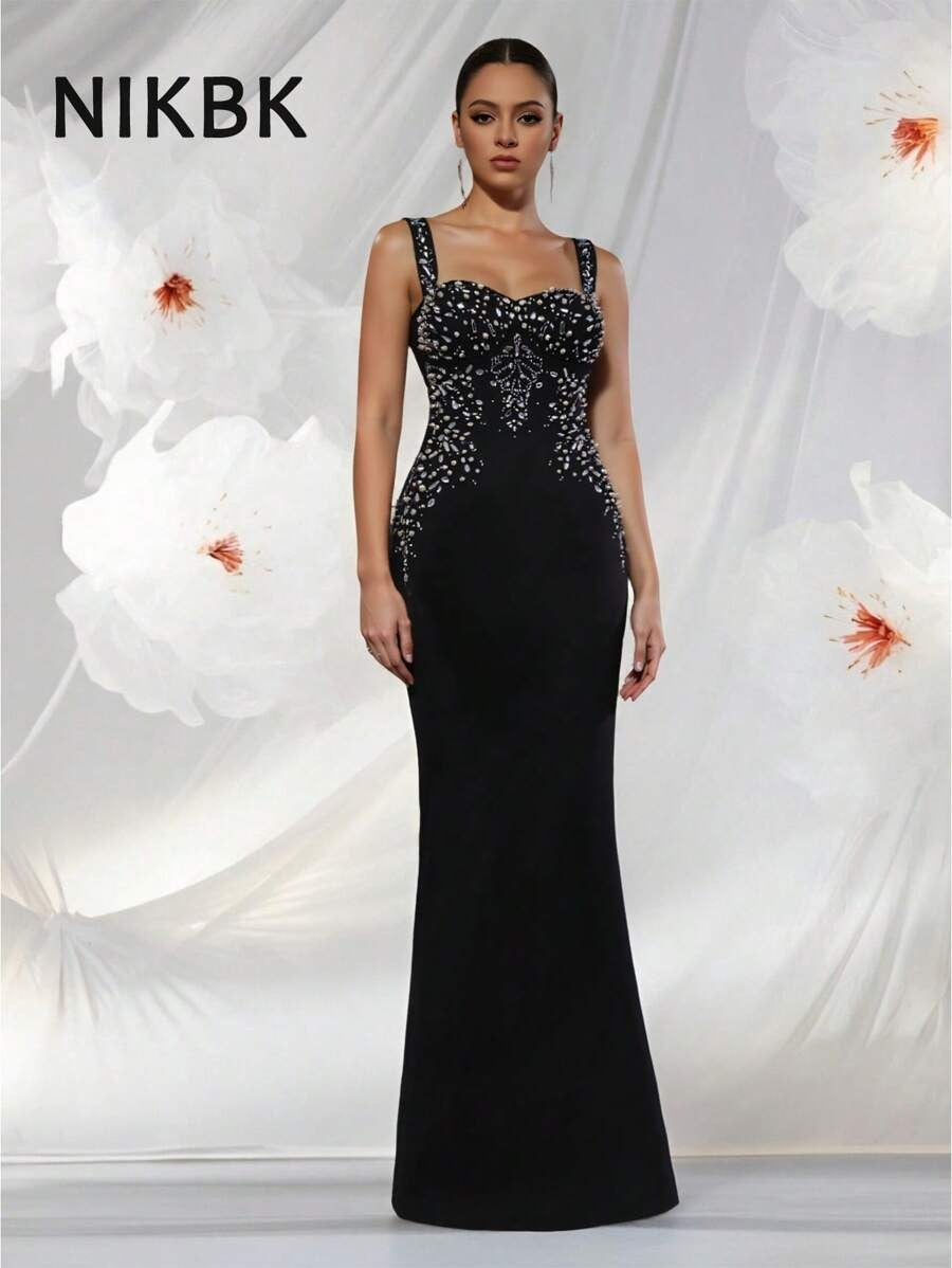 SHEIN NIKBK فستان أسود طويل مزين بالراينستون