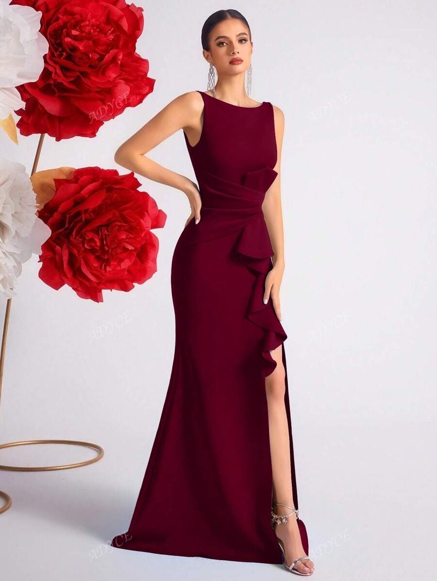 SHEIN ADYCE فستان رسمي أنيق عنابي طويل بفتحة ظهر وكشكشة ناعمة