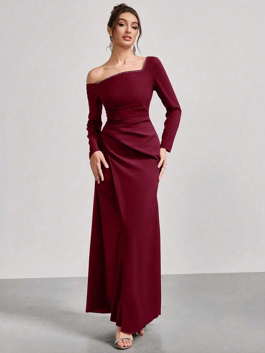 SHEIN Coutiva فستان سهرة عنابي طويل