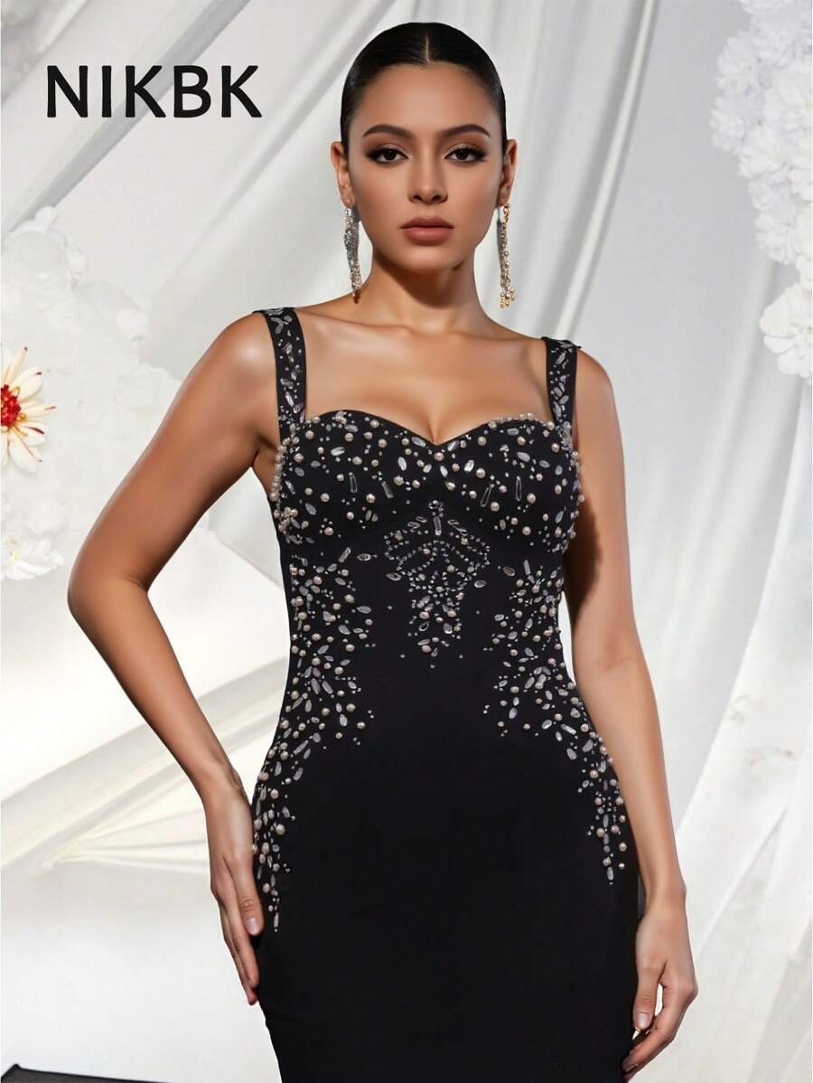 SHEIN NIKBK فستان أسود طويل مزين بالراينستون