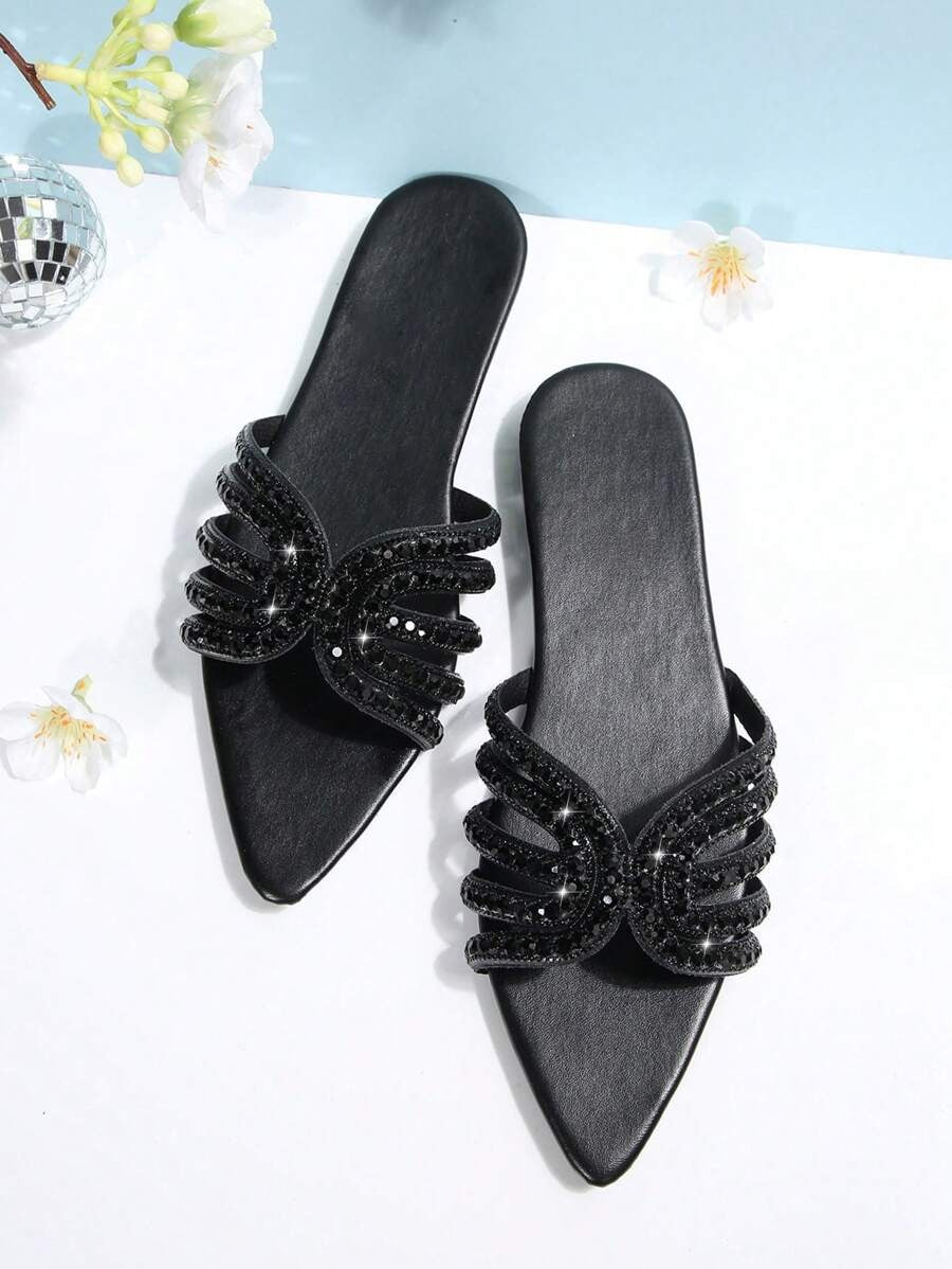 SHEIN صندل نسائي مع زخرفة حجر الراين بلون أسود