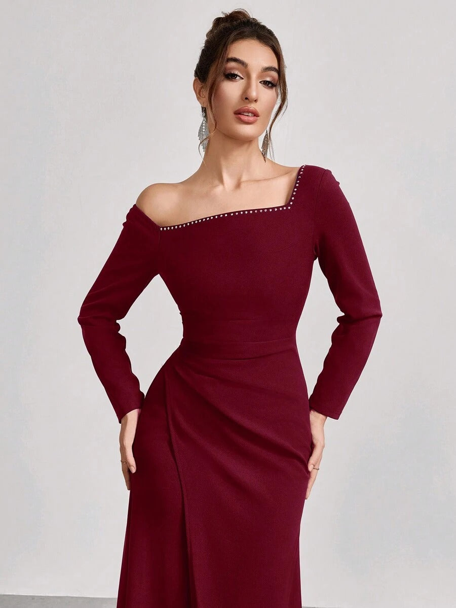 SHEIN Coutiva فستان سهرة عنابي طويل