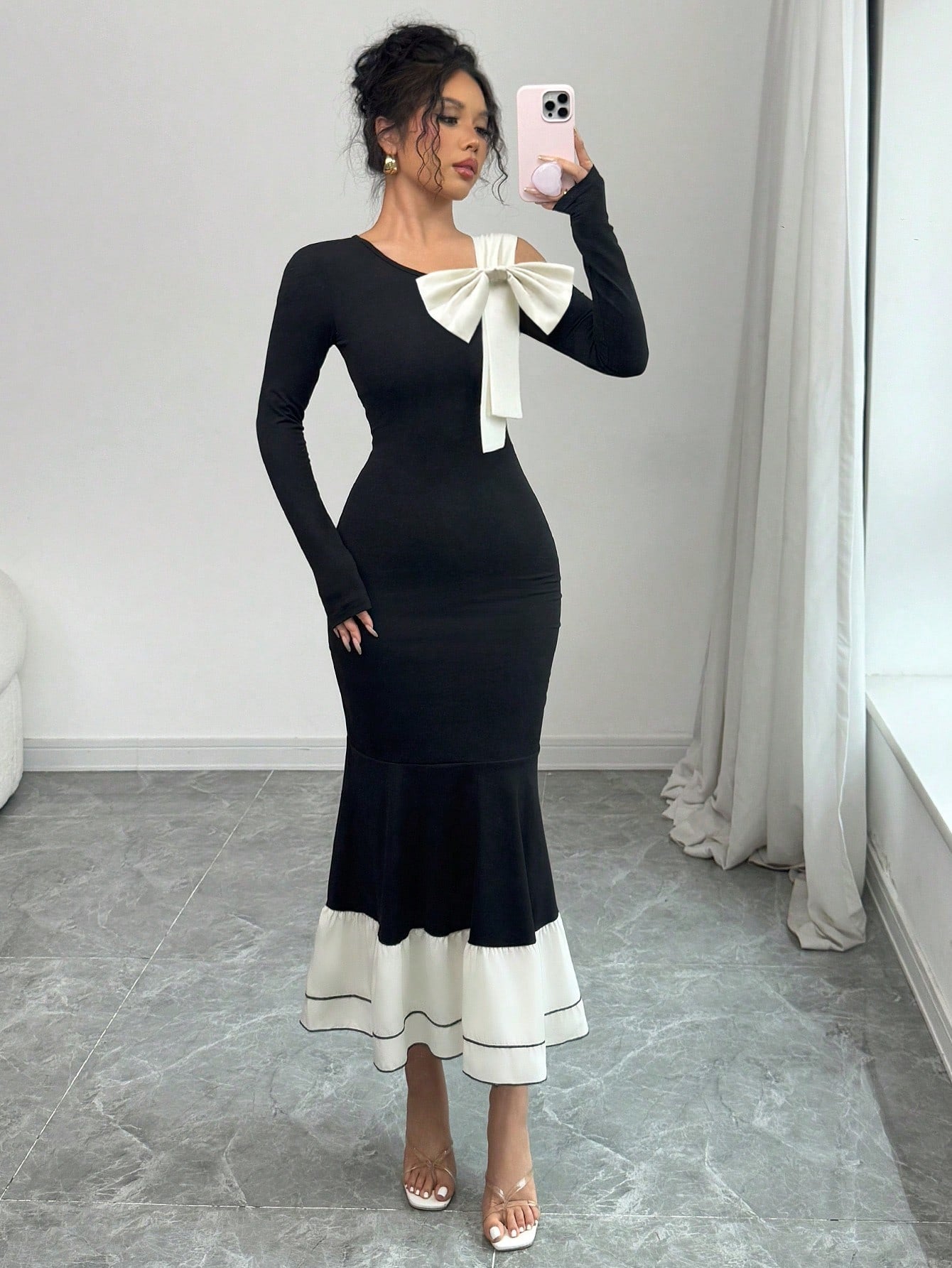 SHEIN Elenzga فستان نسائي بأكمام طويلة مع فيونكة ملونة