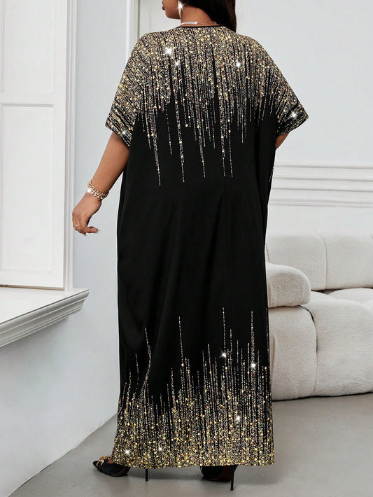 SHEIN Fleurora فستان كافتان أنيق كم قصير وياقة مستديرة بمقاسات كبيرة