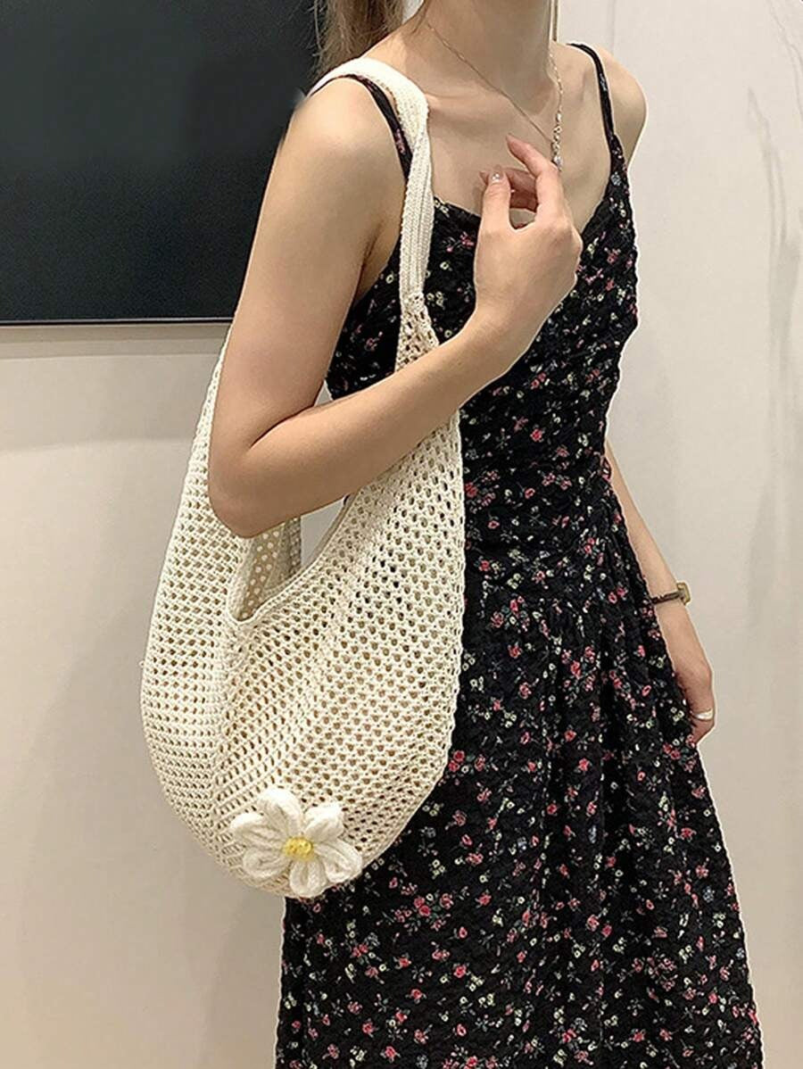 SHEIN حقيبة شاطئ كروشيه كبيرة بطابع بوهيمي لون بيج
