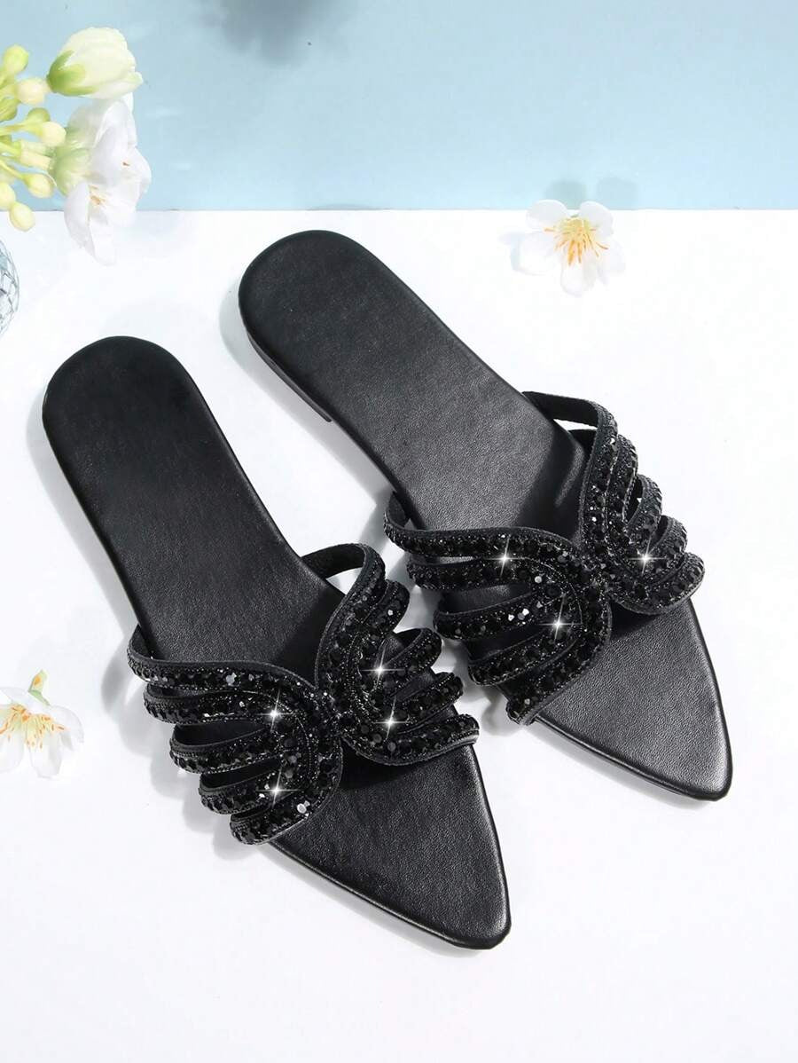 SHEIN صندل نسائي مع زخرفة حجر الراين بلون أسود