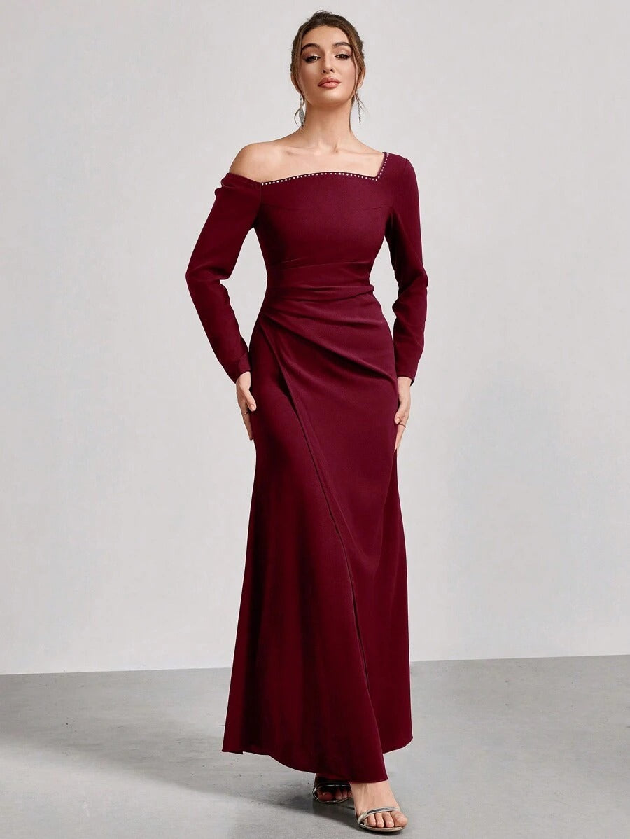 SHEIN Coutiva فستان سهرة عنابي طويل