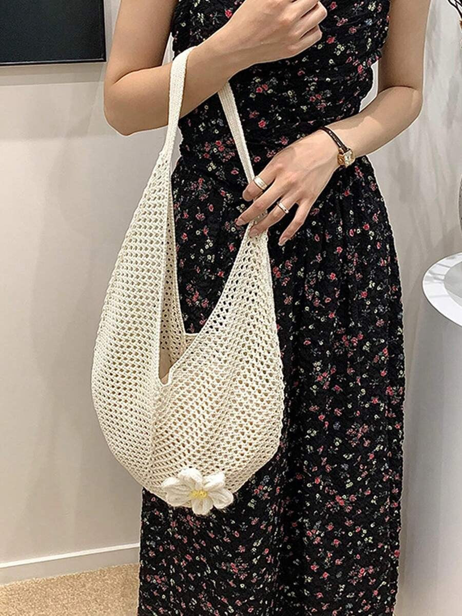 SHEIN حقيبة شاطئ كروشيه كبيرة بطابع بوهيمي لون بيج