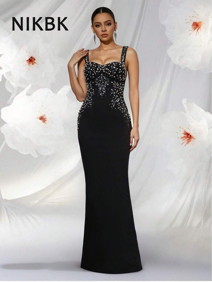 SHEIN NIKBK فستان أسود طويل مزين بالراينستون