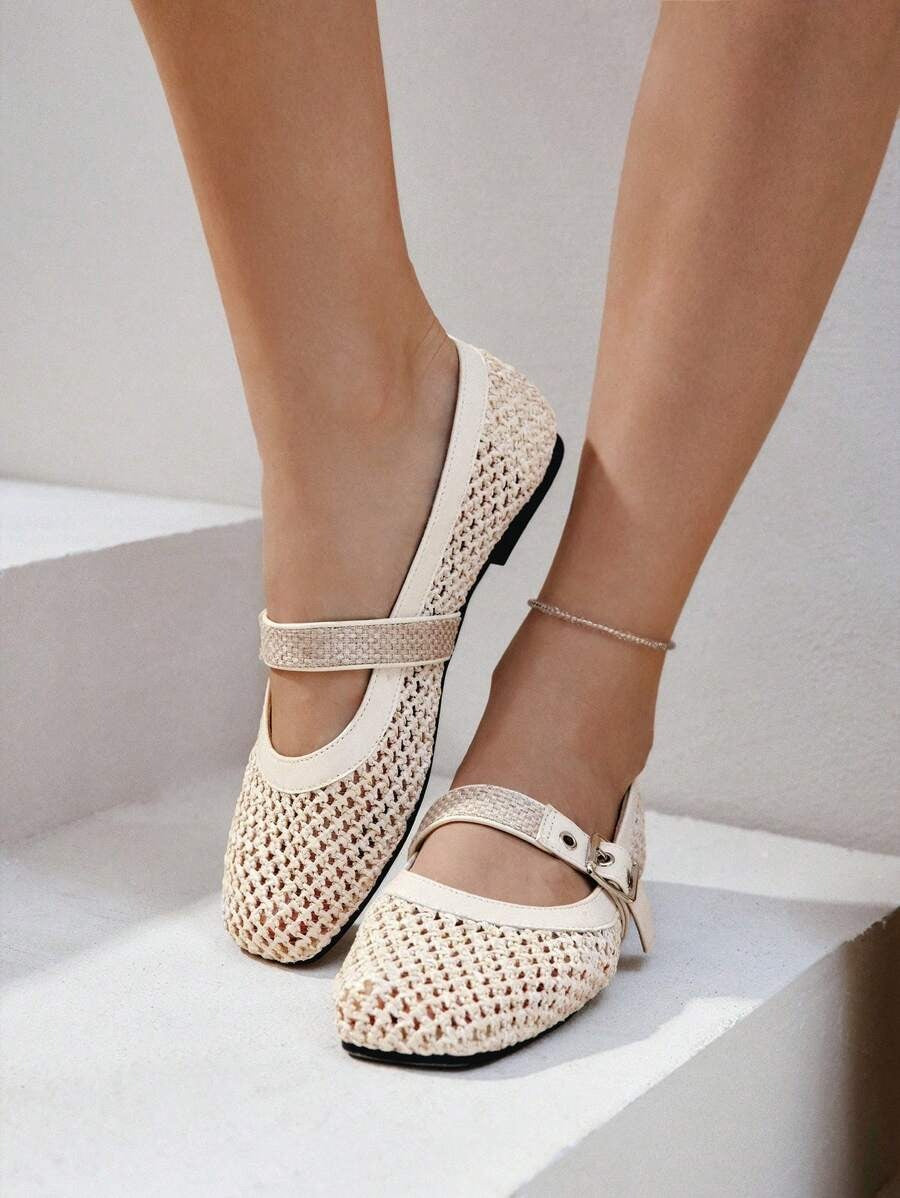 SHEIN حذاء باليه مشمشي بنقشة شبكية