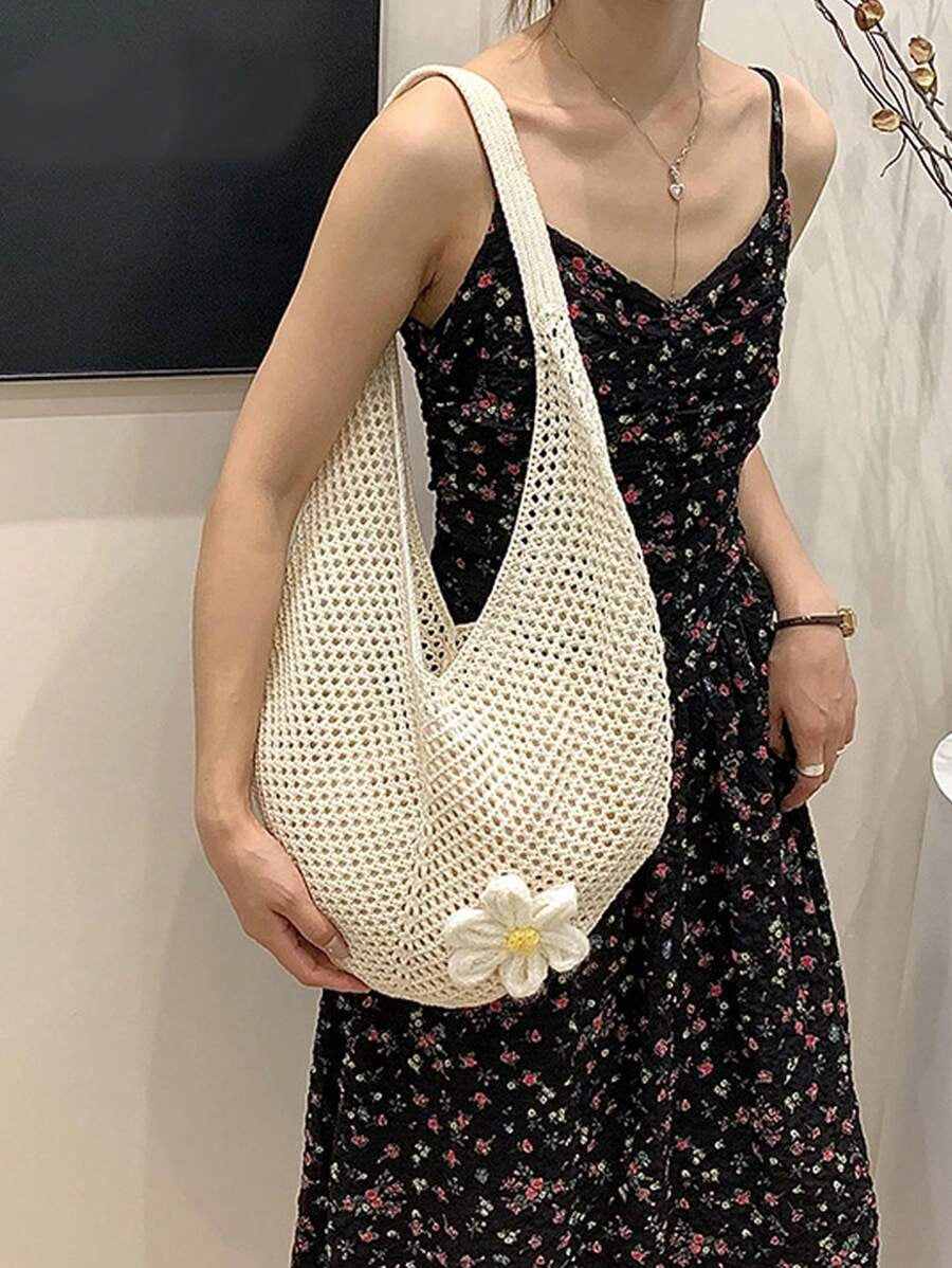 SHEIN حقيبة شاطئ كروشيه كبيرة بطابع بوهيمي لون بيج