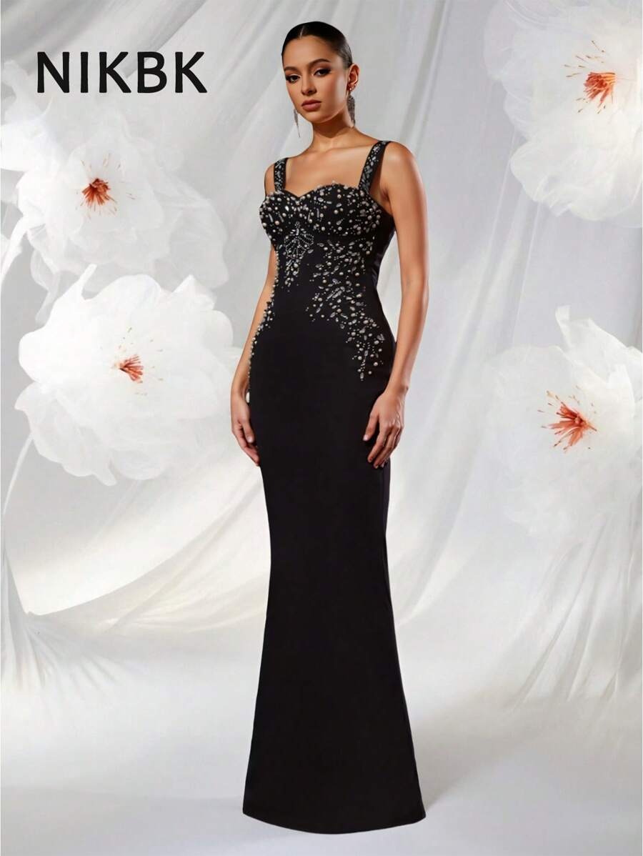SHEIN NIKBK فستان أسود طويل مزين بالراينستون