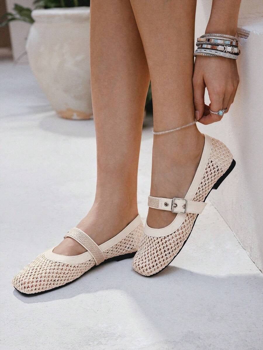 SHEIN حذاء باليه مشمشي بنقشة شبكية