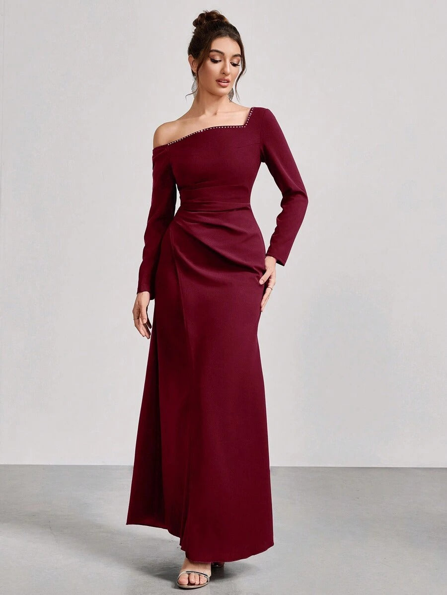 SHEIN Coutiva فستان سهرة عنابي طويل