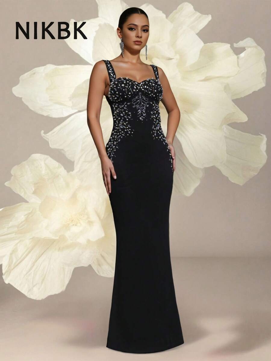 SHEIN NIKBK فستان أسود طويل مزين بالراينستون