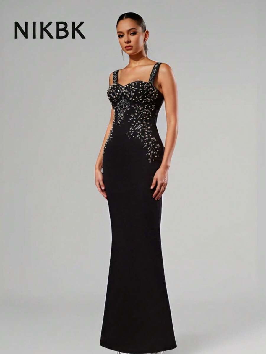 SHEIN NIKBK فستان أسود طويل مزين بالراينستون