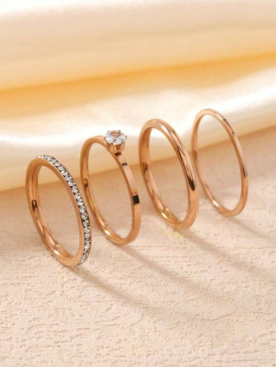 SHEIN 18K طقم خواتم ذيل مطلية ذهب أصفر مزينة بزركونيا مكعبة