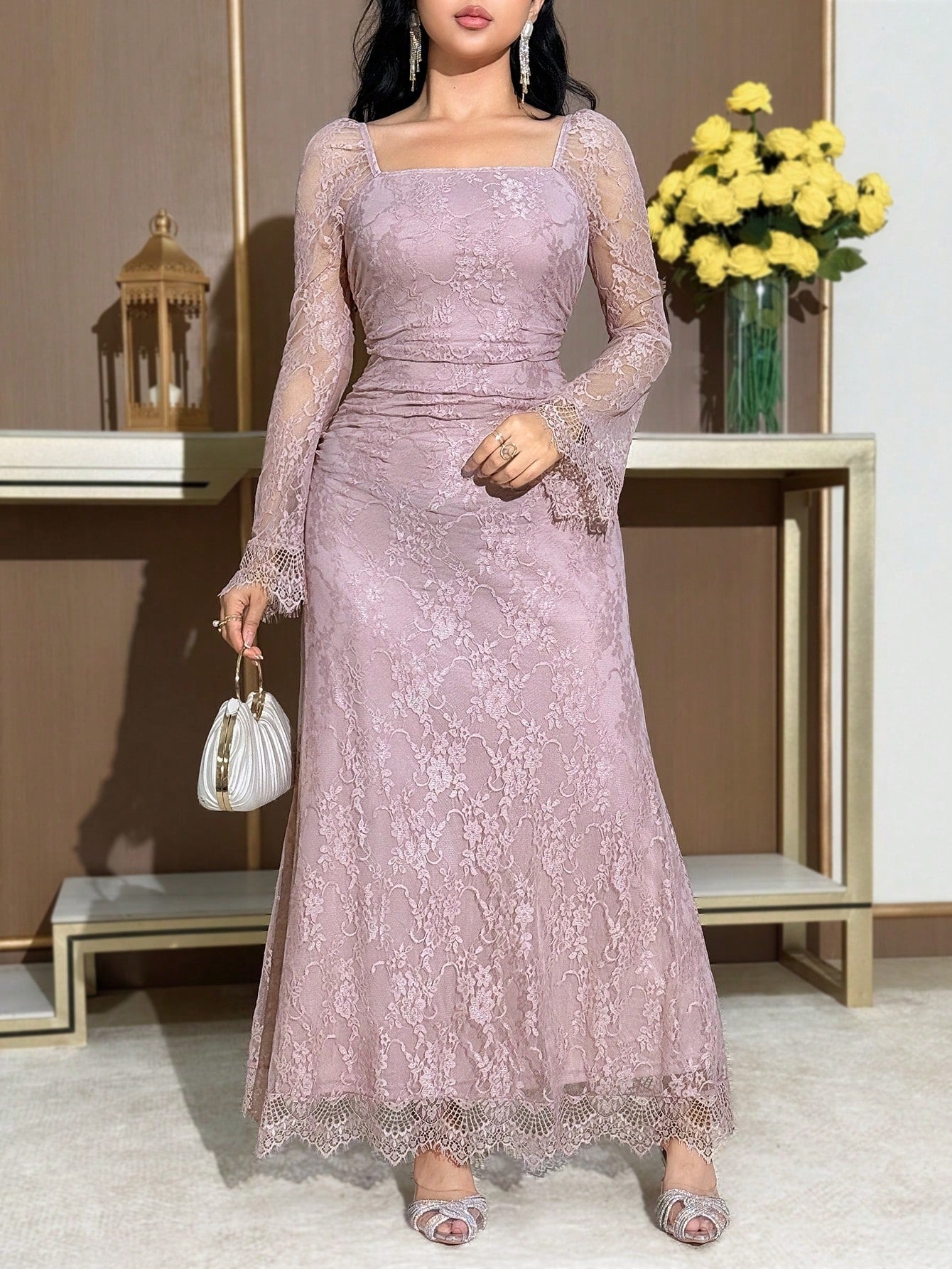 SHEIN Feyla فستان حفلات أنيق من قماش الدانتيل باللون الوردي