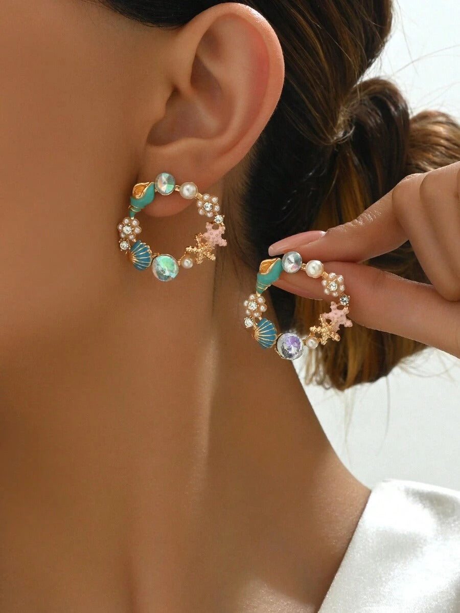 SHEIN حلق دائري مدمج بنجم البحر وصدفة ولؤلؤة