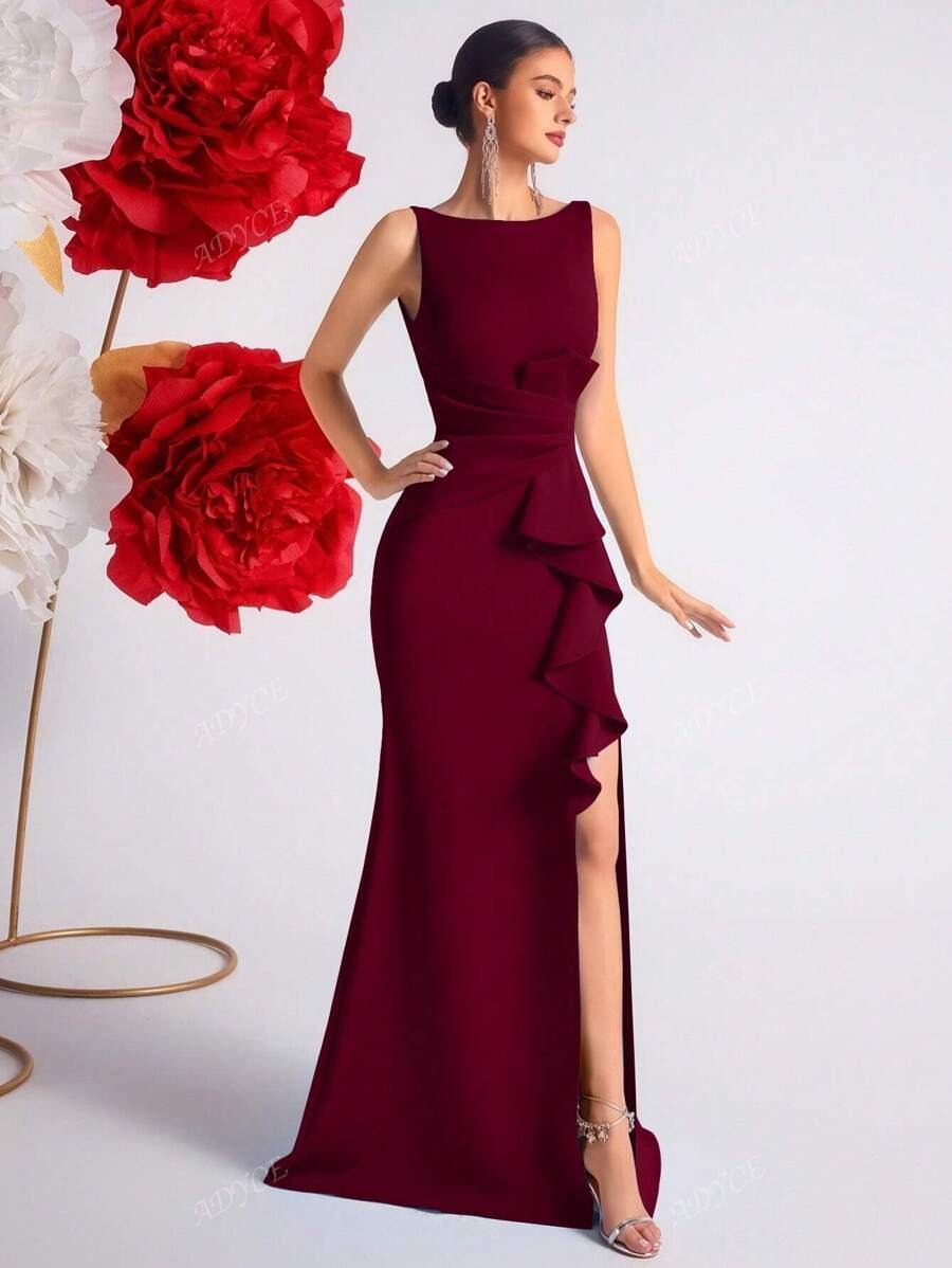 SHEIN ADYCE فستان رسمي أنيق عنابي طويل بفتحة ظهر وكشكشة ناعمة