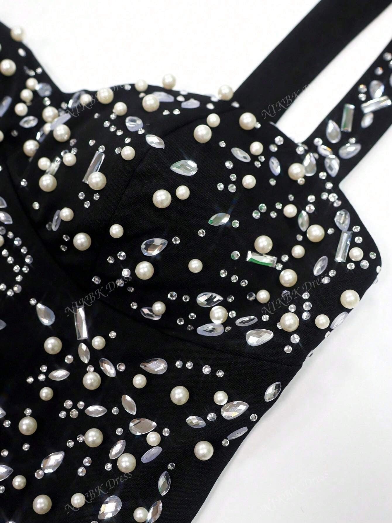 SHEIN NIKBK فستان أسود طويل مزين بالراينستون