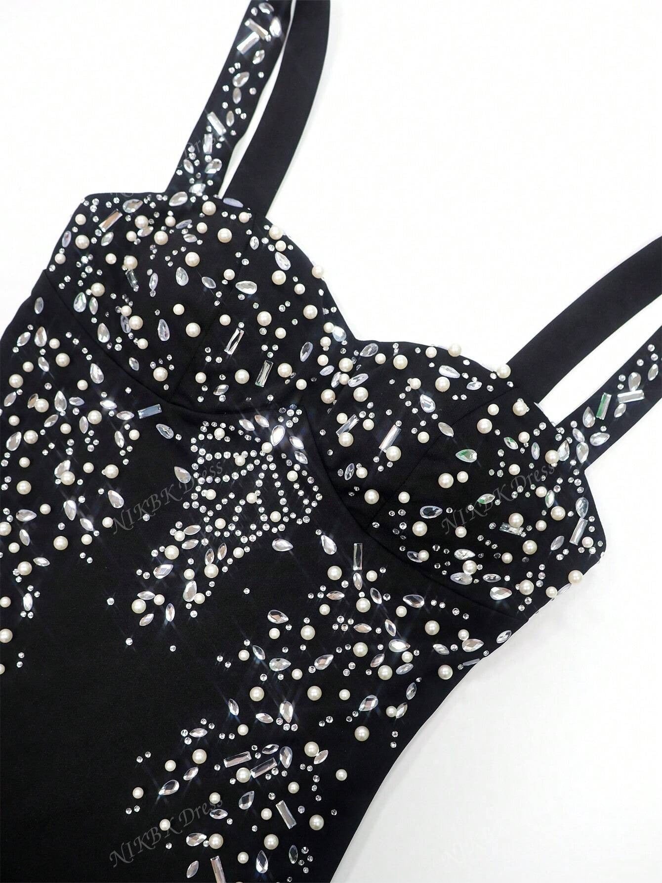 SHEIN NIKBK فستان أسود طويل مزين بالراينستون