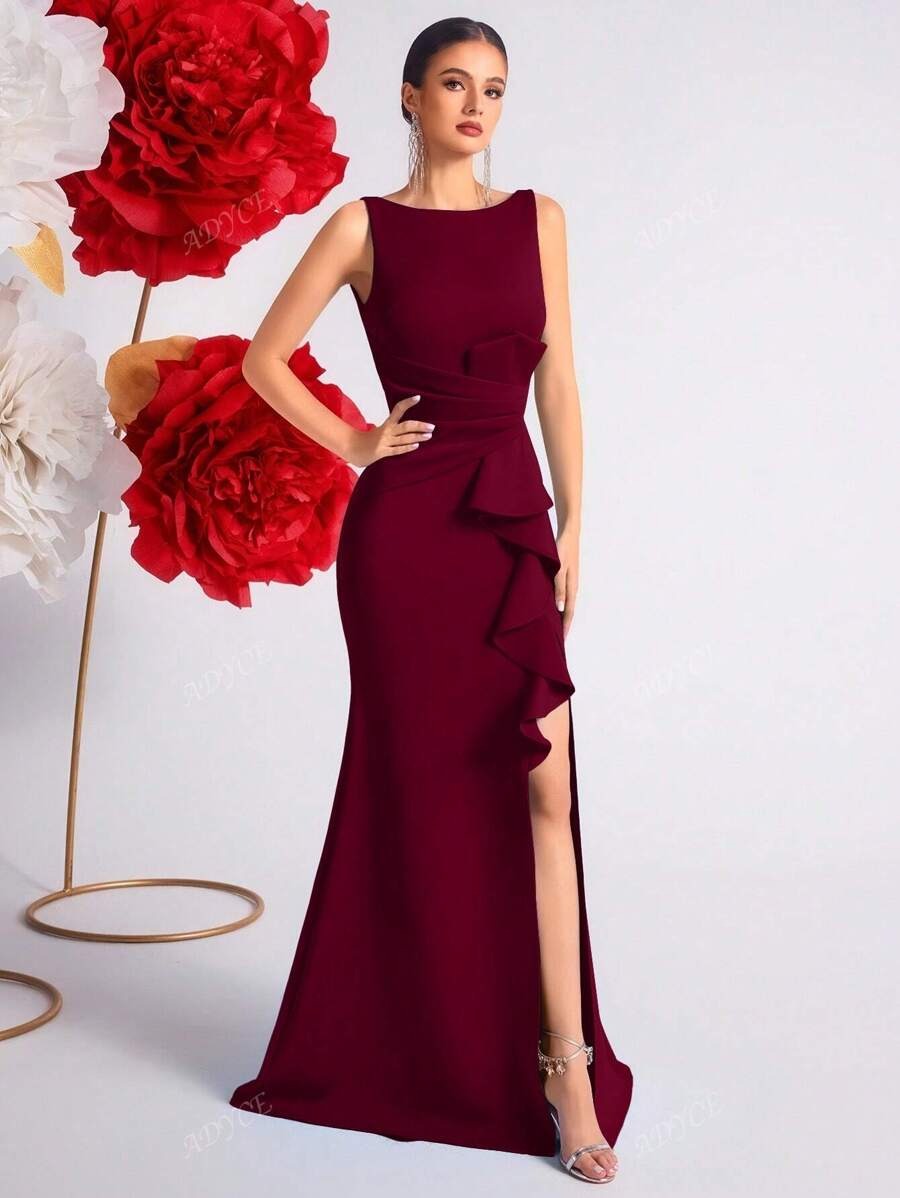 SHEIN ADYCE فستان رسمي أنيق عنابي طويل بفتحة ظهر وكشكشة ناعمة