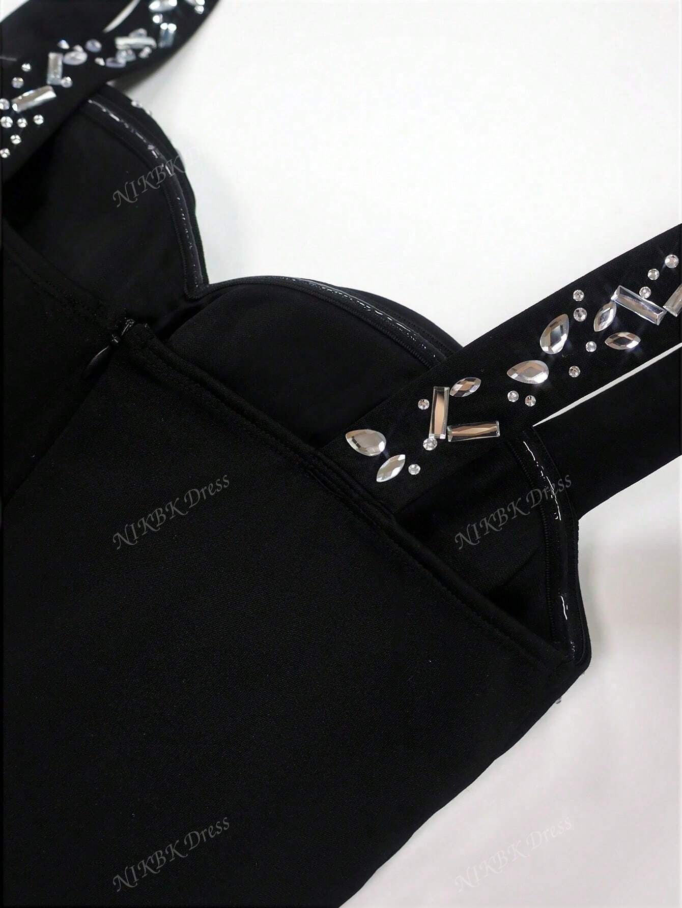 SHEIN NIKBK فستان أسود طويل مزين بالراينستون