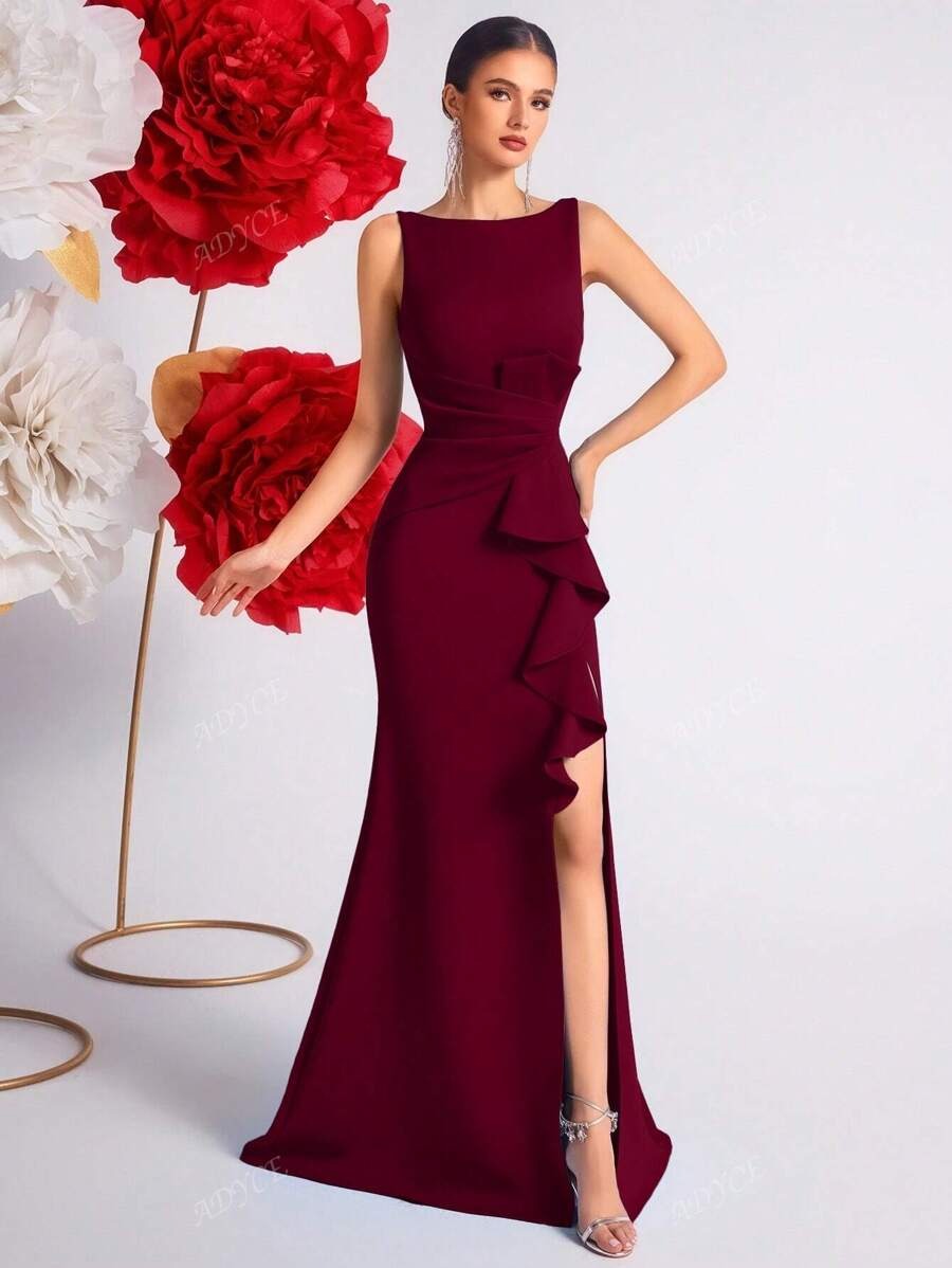 SHEIN ADYCE فستان رسمي أنيق عنابي طويل بفتحة ظهر وكشكشة ناعمة