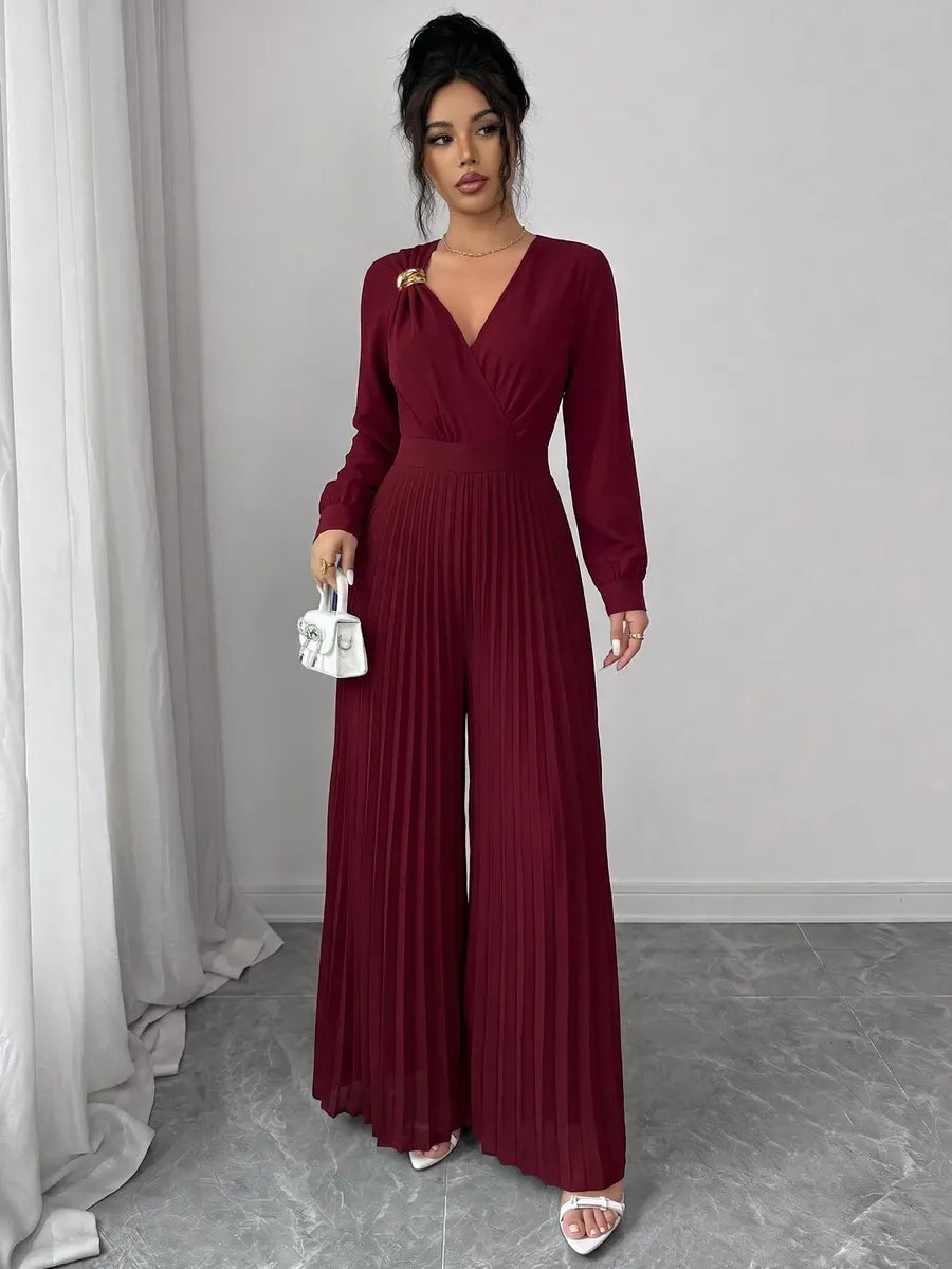 SHEIN Elenzga جمبسوت نسائي بخصر مرتفع وطيات وزهرة ثلاثية الأبعاد بلون عنابي