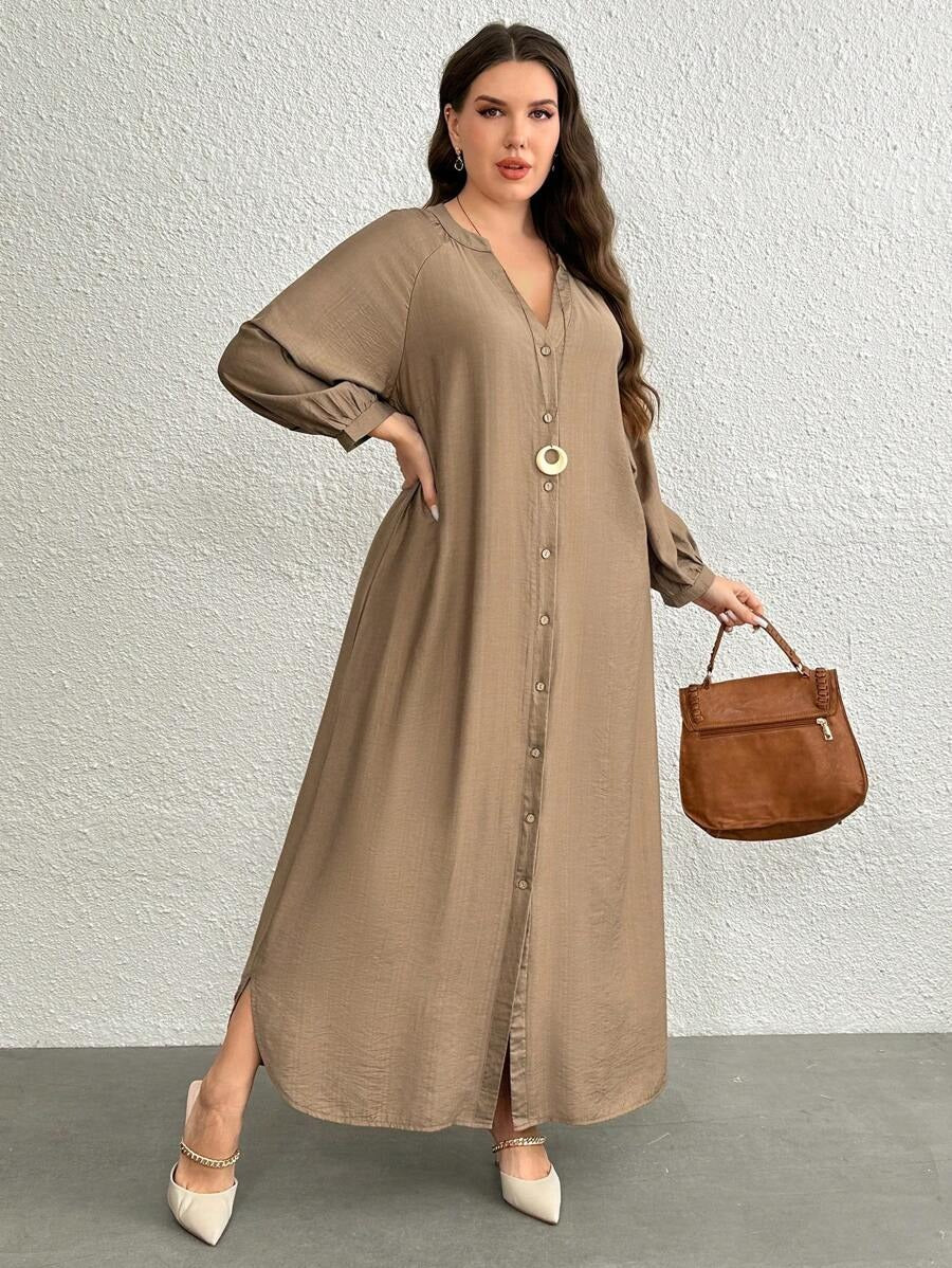 SHEIN فستان ماكسي مشمشي بأزرار ناعمة