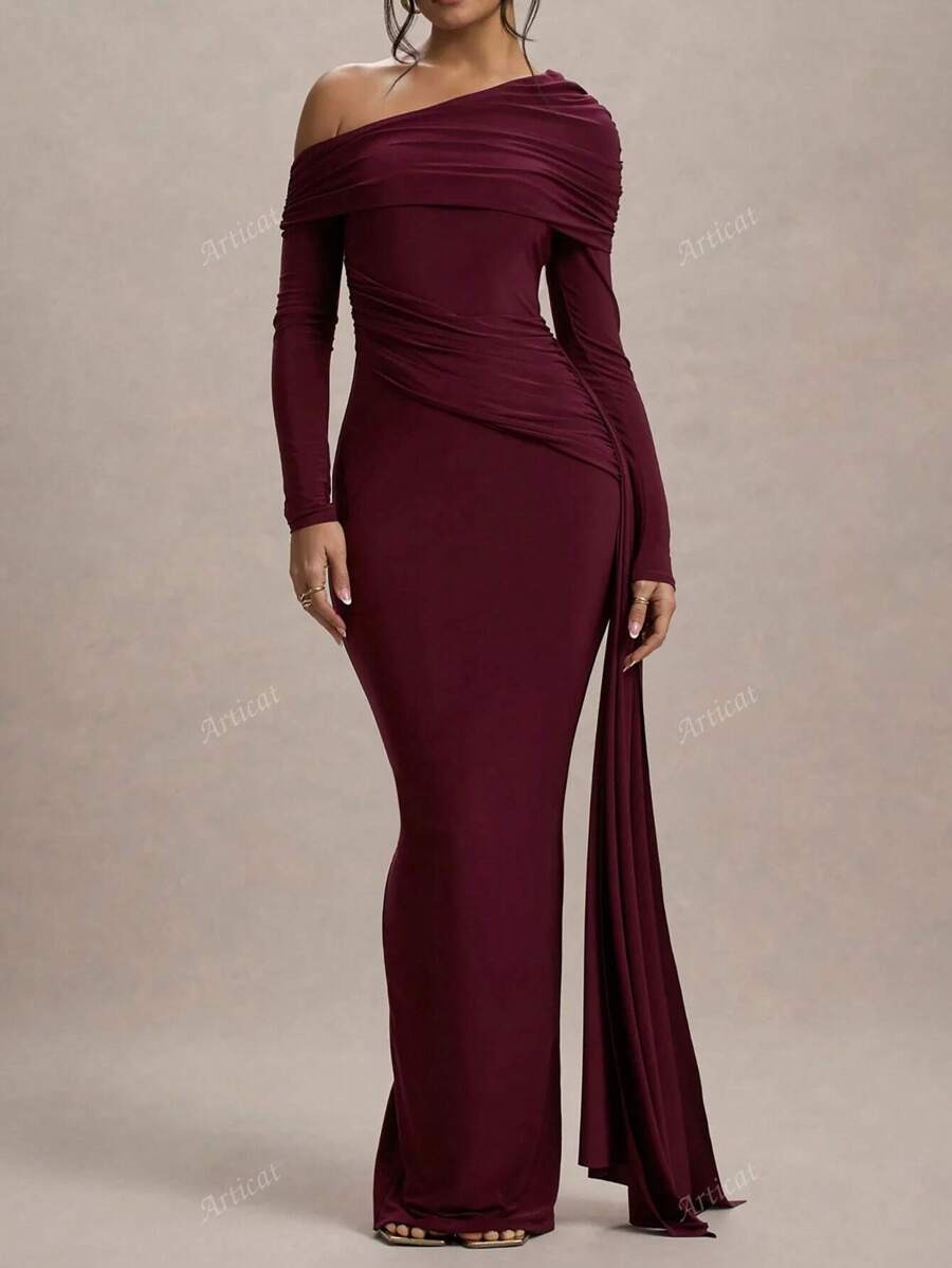 SHEIN Articat فستان طويل وضيق بلون عنابي