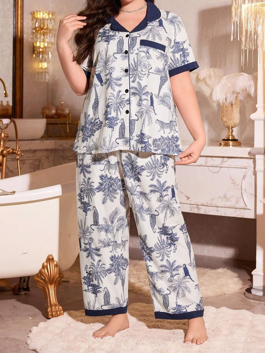 SHEIN طقم بيجامة بطبعة نمر استوائي بألوان متباينة