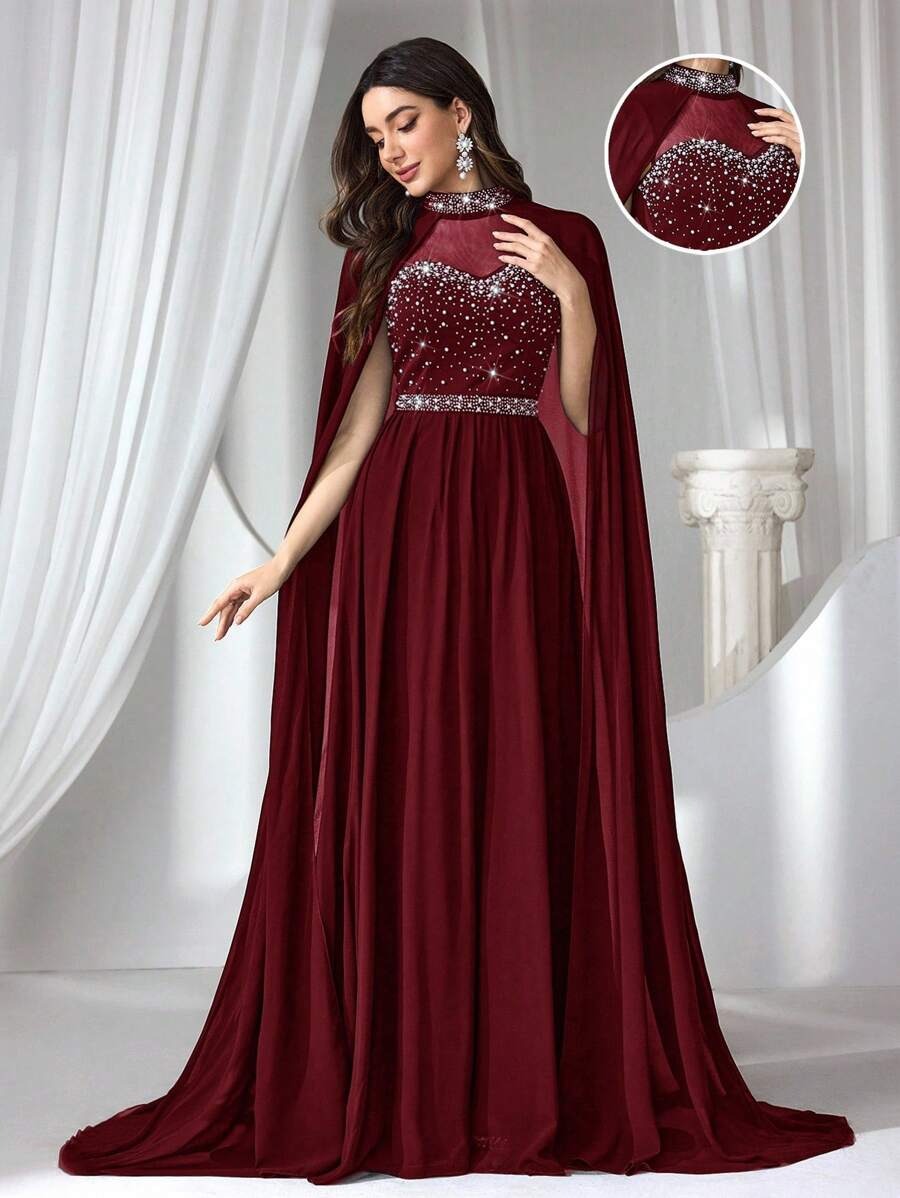 SHEIN Coutiva فستان سهرة ماكسي أنيق مزين بالراين والخرز بلون أحمر