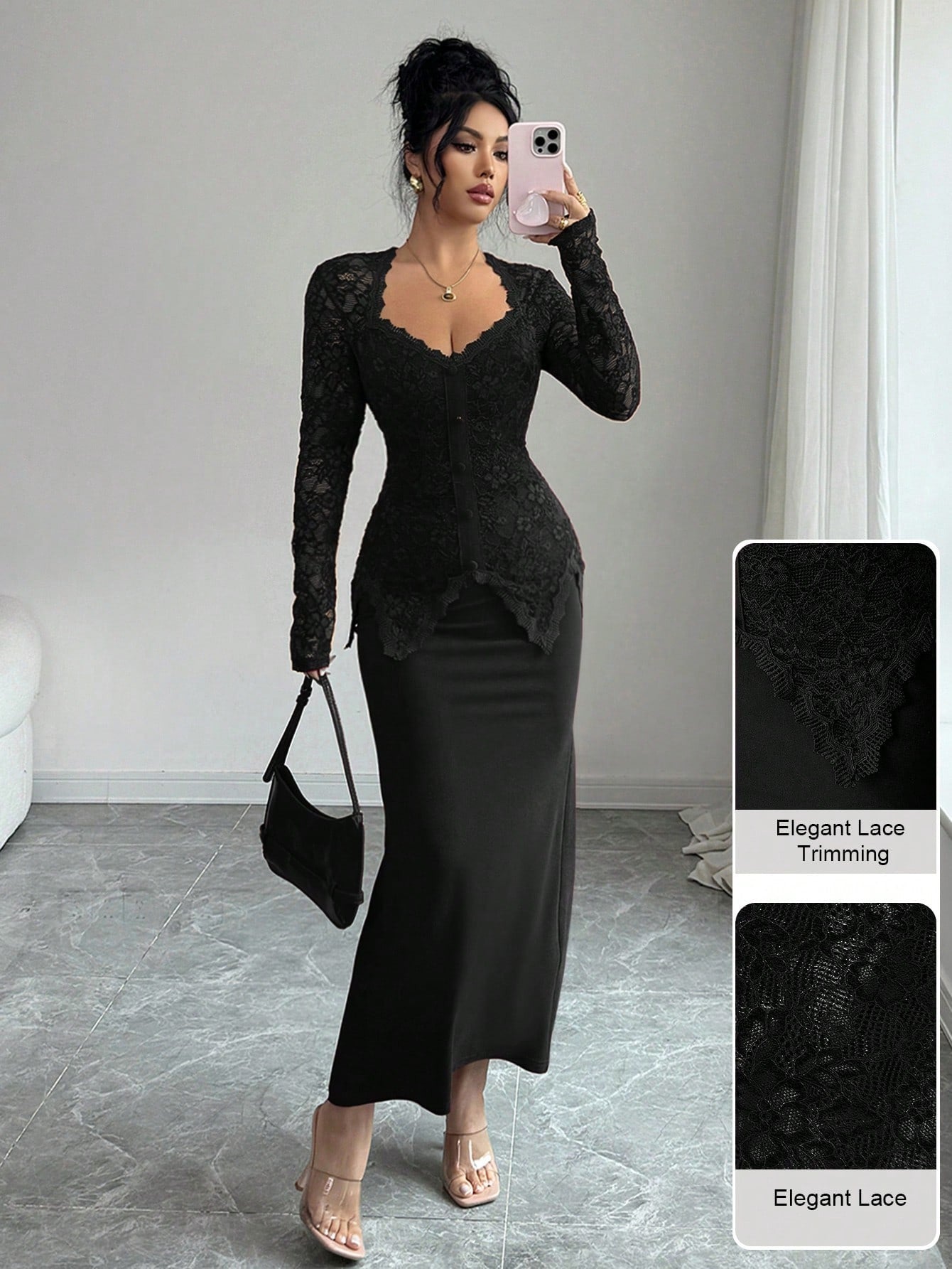 SHEIN Modelyn فستان متوسط الطول بياقة مربعة ودانتيل مع أزرار عند الخصر