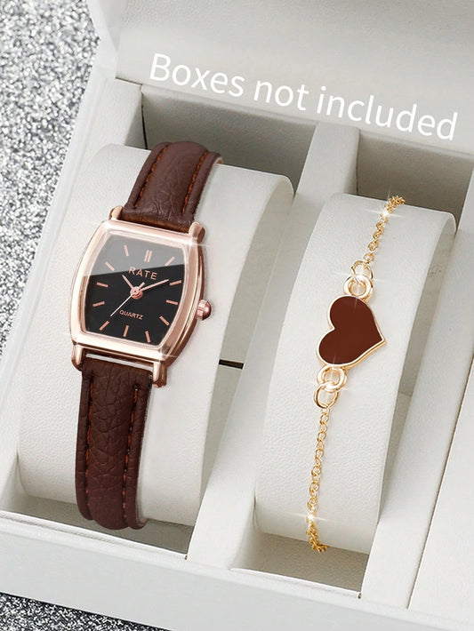 SHEIN طقم ساعة نسائية بسوار جلد بشكل برميلي وسوار بشكل قلب