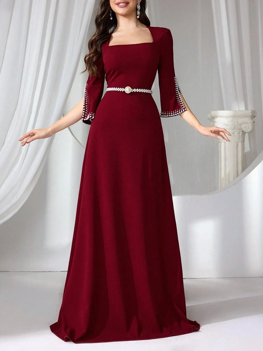 SHEIN فستان ماكسي أنيق عنابي أنيق مطرز بستايل راقي