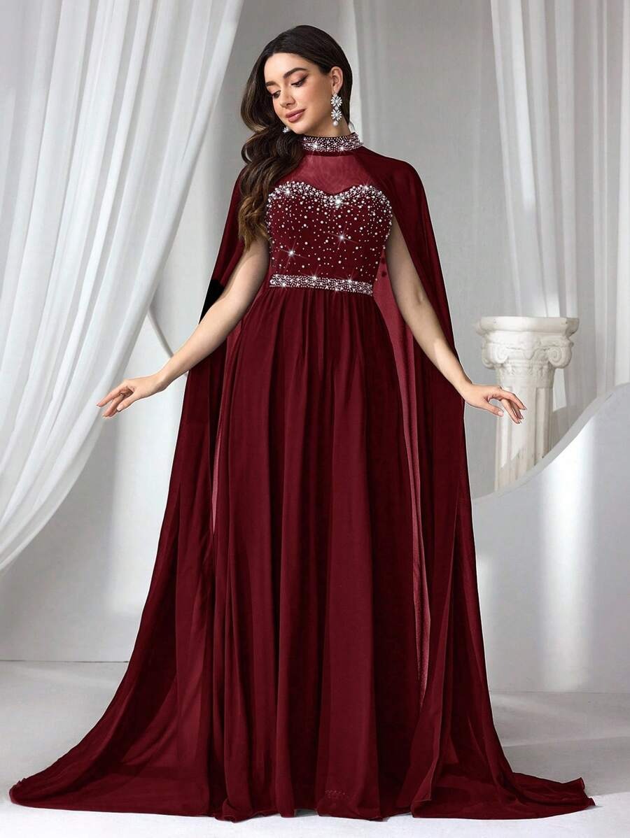 SHEIN Coutiva فستان سهرة ماكسي أنيق مزين بالراين والخرز بلون أحمر