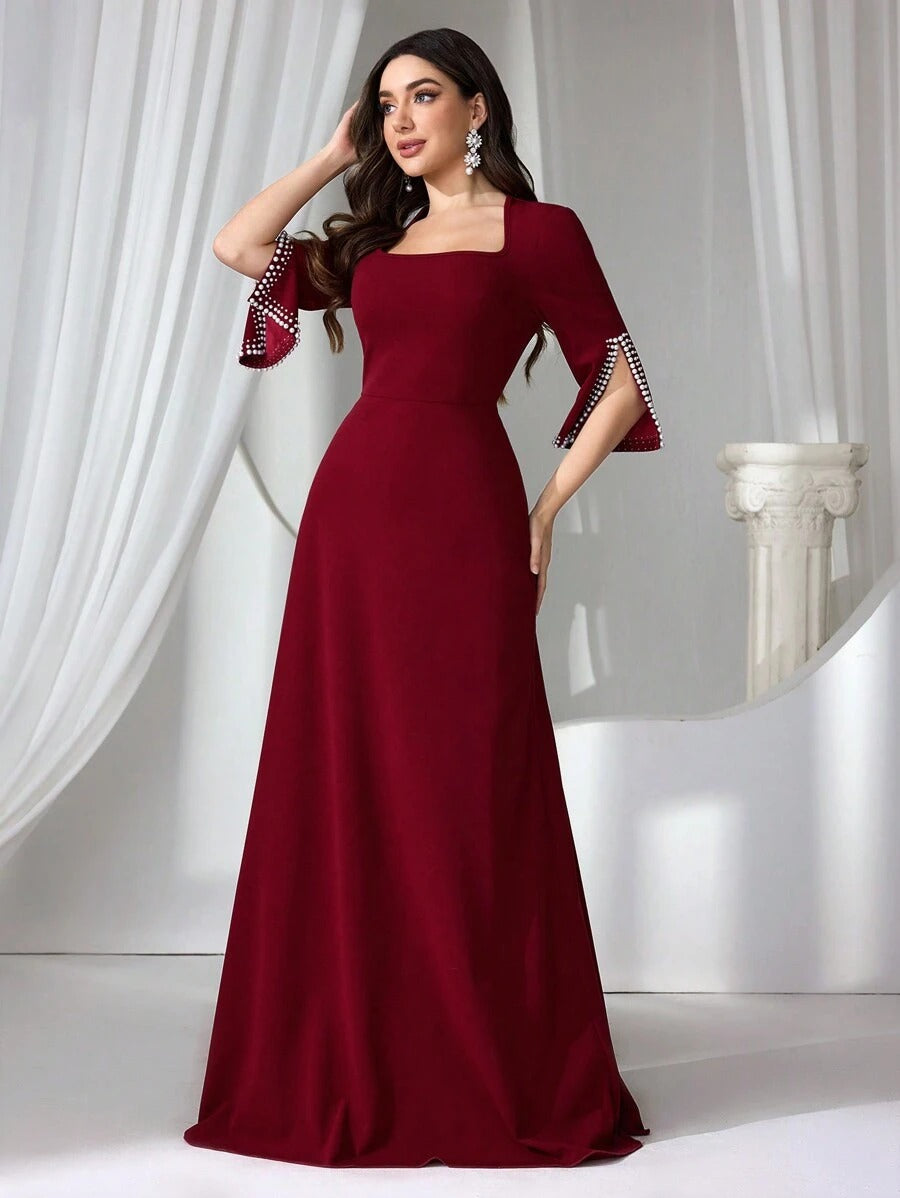 SHEIN فستان ماكسي أنيق عنابي أنيق مطرز بستايل راقي
