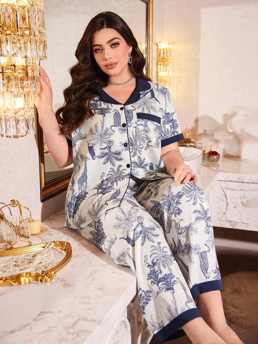 SHEIN طقم بيجامة بطبعة نمر استوائي بألوان متباينة