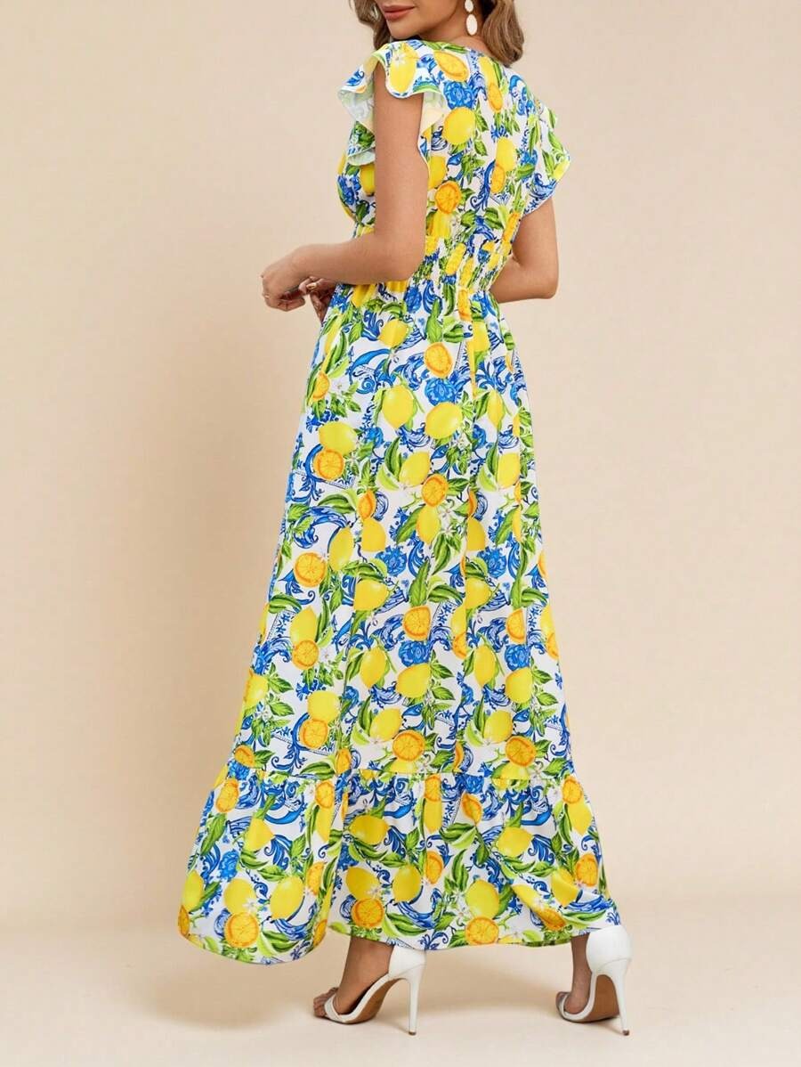 SHEIN Amorya فستان مطبوع بالكامل برسومات فواكه ونباتات
