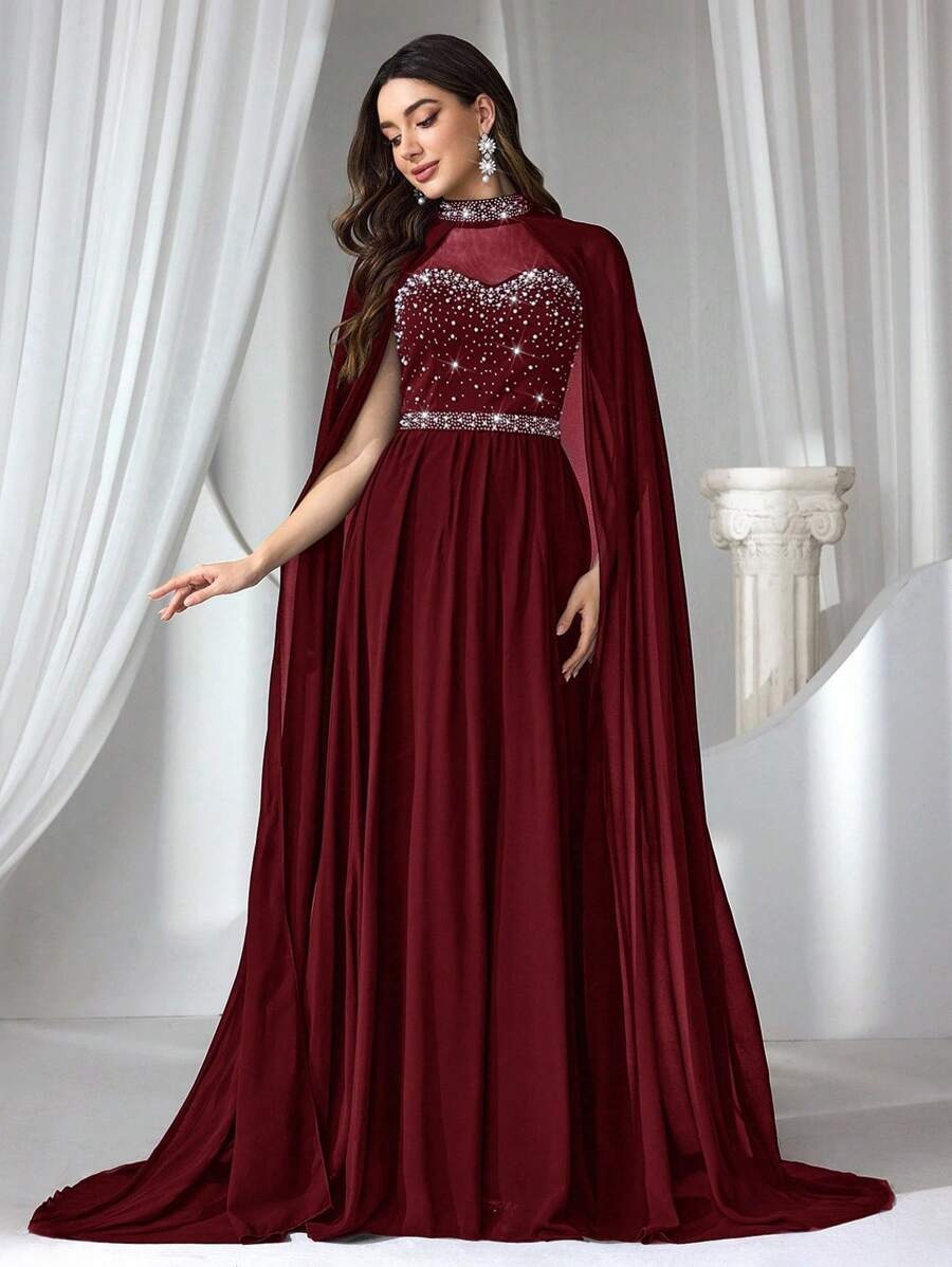SHEIN Coutiva فستان سهرة ماكسي أنيق مزين بالراين والخرز بلون أحمر