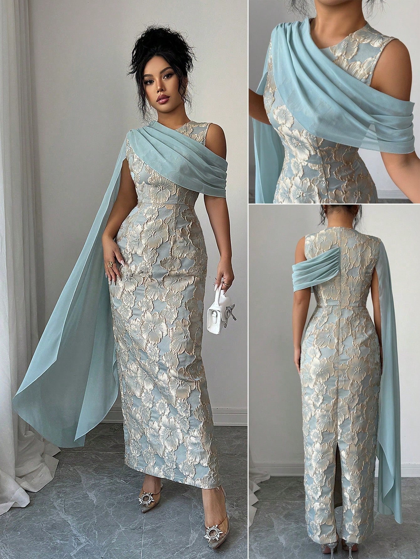 SHEIN Elenzga فستان ماكسي جاكارد ذهبي بوشاح شيفون